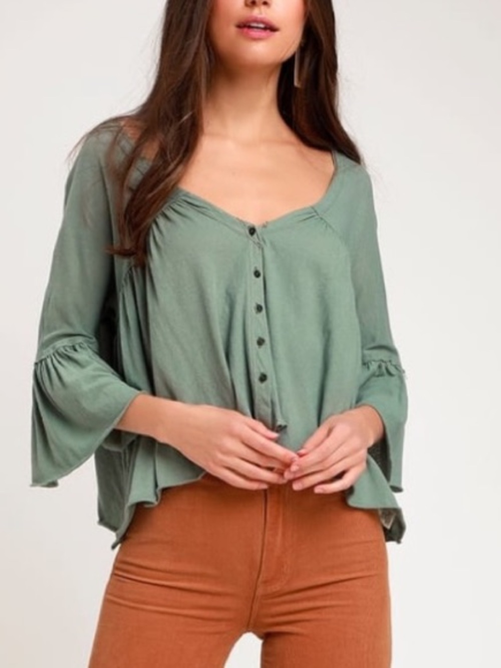 Free People Moss Green Vintage Wash Half Sleeve Babydoll Top